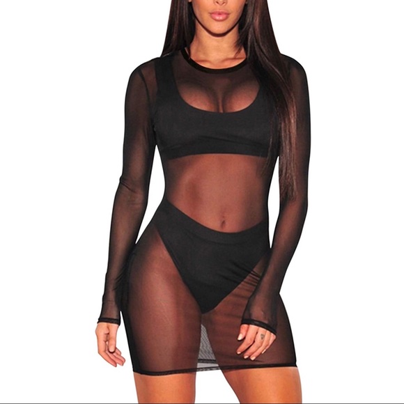 Other - Sheer Mesh Long Sleeve Beach Cover Up Dress